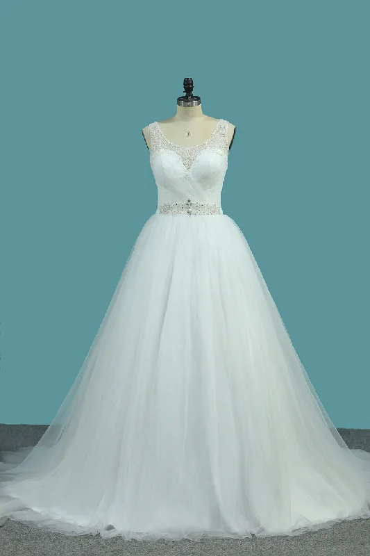 A Line Tulle V Neck With Beads And Ruffles Open Back Wedding Dresses Off-shoulder Bridal Gown