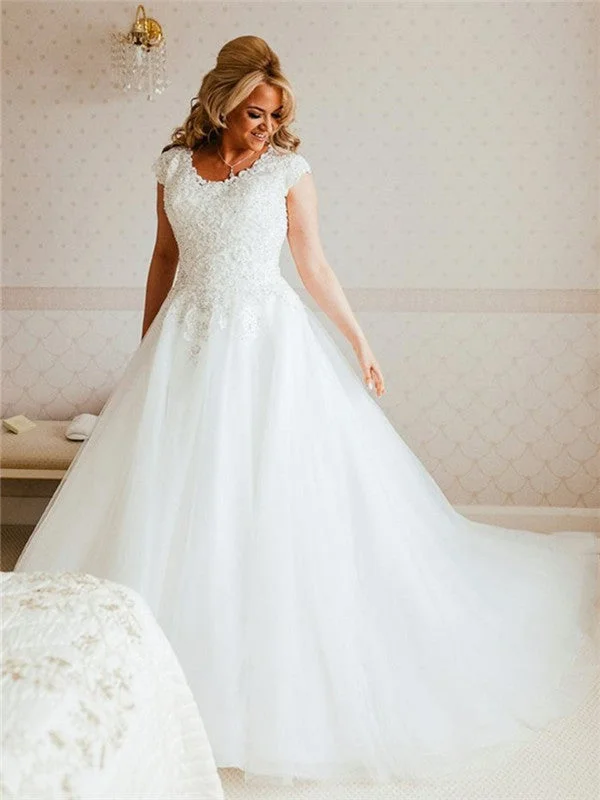 A-line Round Neck Cap Sleeves Lace Top Tulle Wedding Dresses, WD0447 Floral Lace Wedding