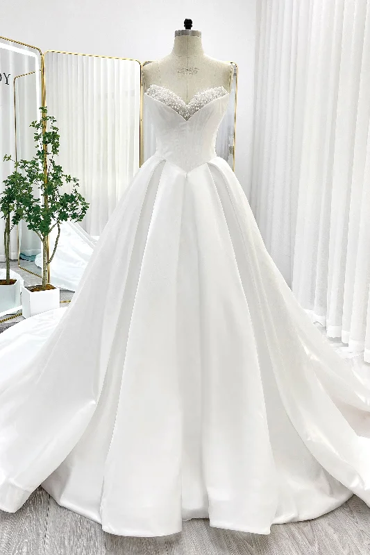 Ball Gown Chapel Train Satin Wedding Dress CW3272 Strapless Lace Dress