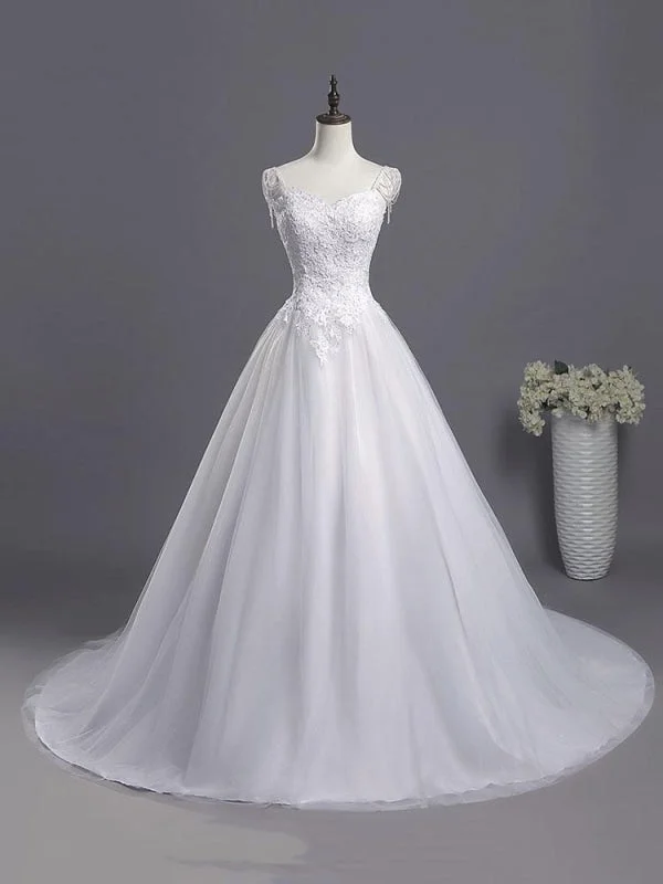 Gorgeous A-line Lace Appliques Wedding Dresses Glitter Wedding Dress