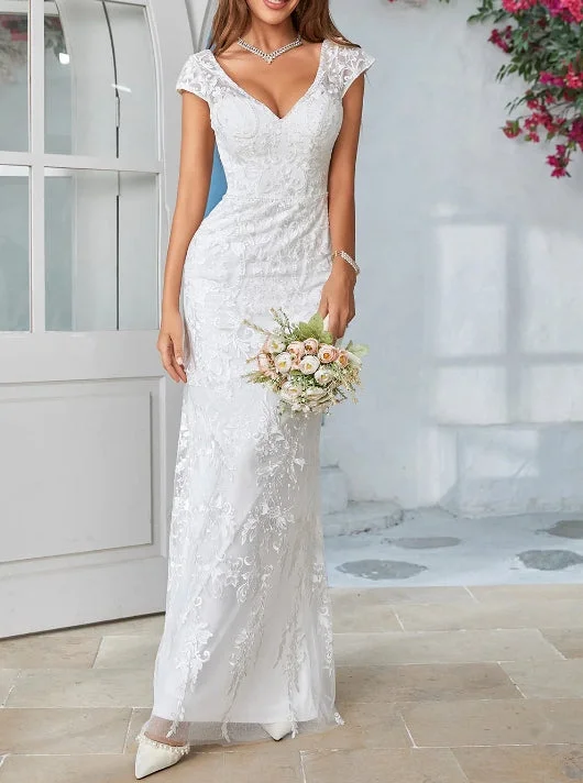 Ivory Mermaid Lace V-Neck Wedding Dress Backless Elegant Long Dress Elegant A-line Gown