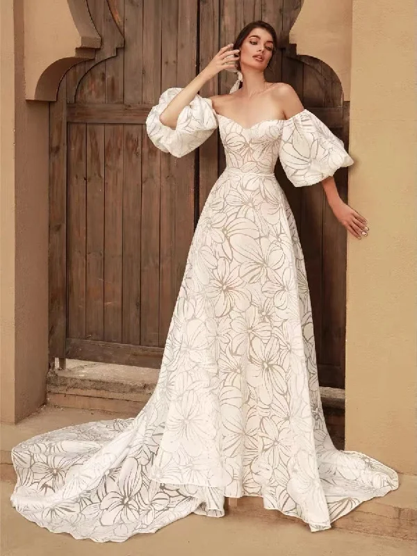 Newest Bubble Sleeves Long Prom Dresses, A-line Elegant Wedding Dresses, Appliques Wedding Dresses Sleeveless Bridal Gown