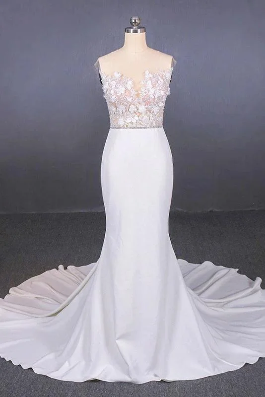 Sheer Neck Mermaid Long Wedding Dress With Appliques Long Bridal Dress N2304 Classic Satin Gown