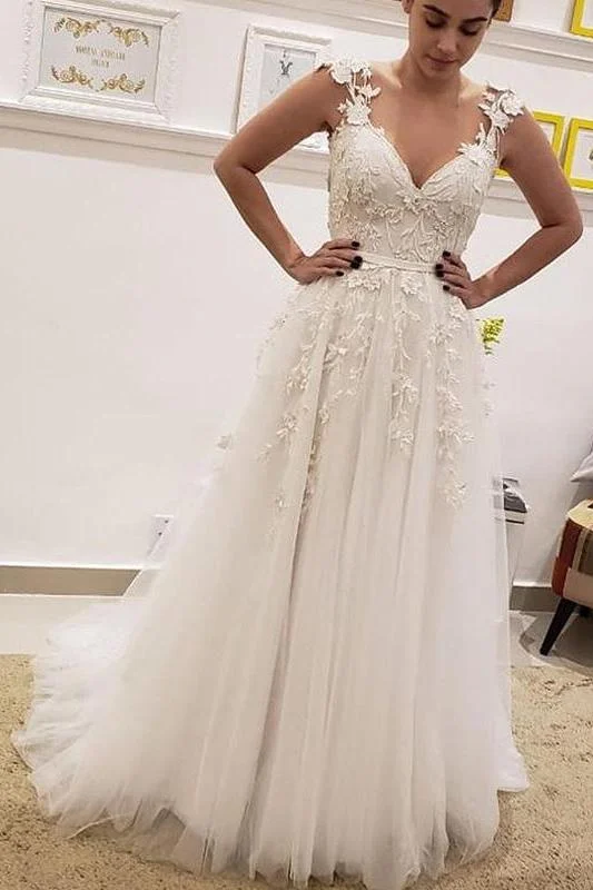 Simple A Line V Neck Tulle Lace Illusion Back Wedding Dresse Bridal Dress N1792 Boho Chic Gown