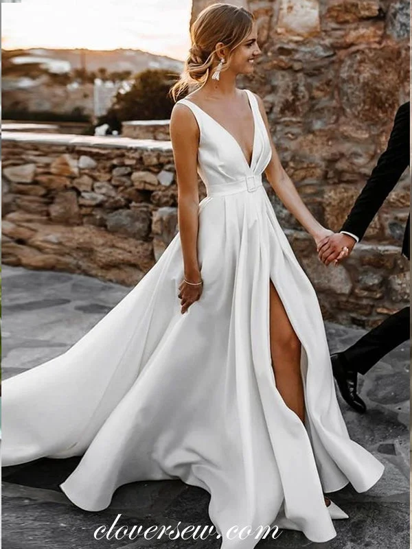 White Satin V-neck Sleeveless A-line With Slit Wedding Dresses, CW0332 Soft Satin Bridal