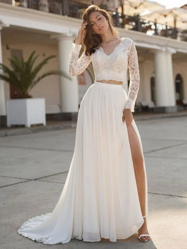 White Simple Wedding Dress Chiffon V-Neck Long Sleeves Cut Out A-Line Split Lace Bridal Gowns Princess Bridal Dress