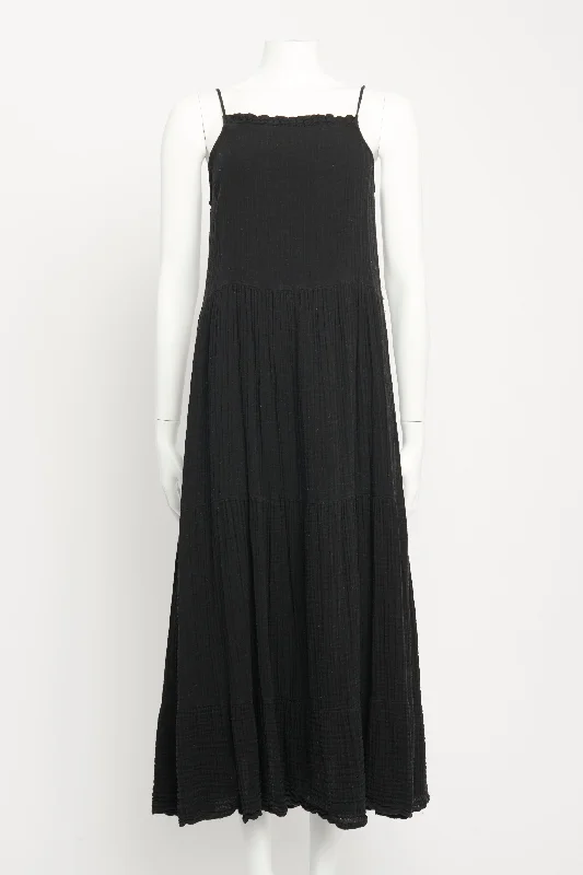 Black Cotton Preowned Tiered Midi Dress Ruffled midi dresses