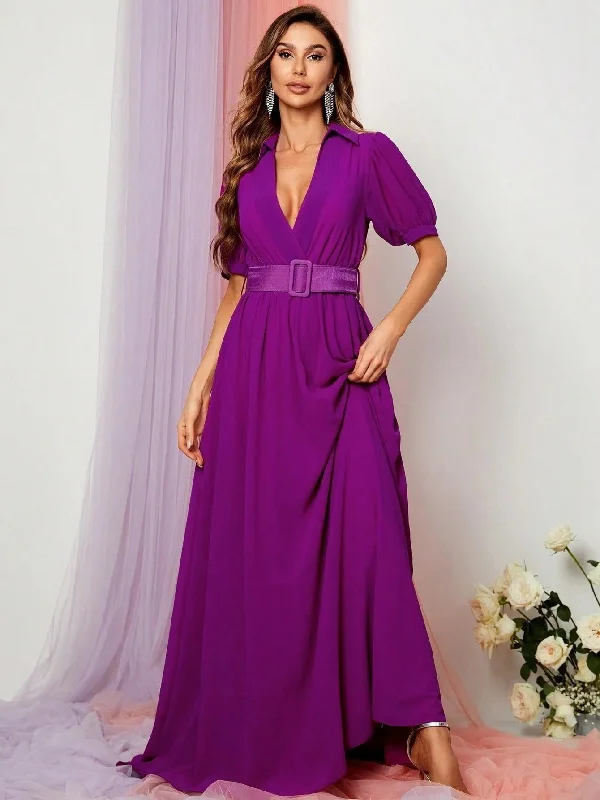 Deep V Neck Puff Sleeve Belted Maxi Dress Sleeveless maxi dresses