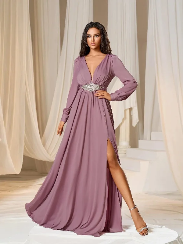 Elegant Plunging Neck Long Sleeves Slit Dresses Graduation maxi dresses