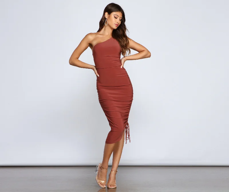 Eve One-Shoulder Stylish Ruched Midi Dress Hot new arrivals in midi dresses