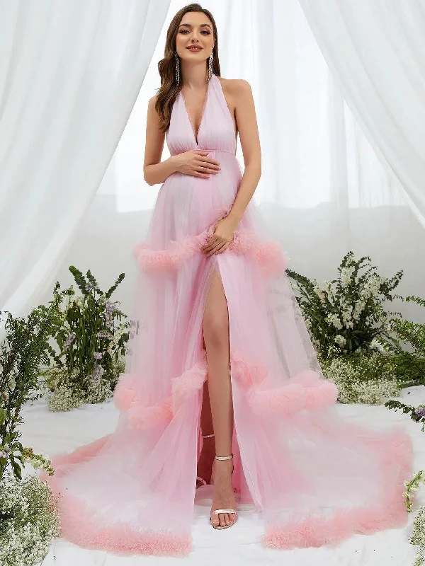 Maternity Maxi Halter Neck Layered Frill Trim Dress Sequin maxi dresses