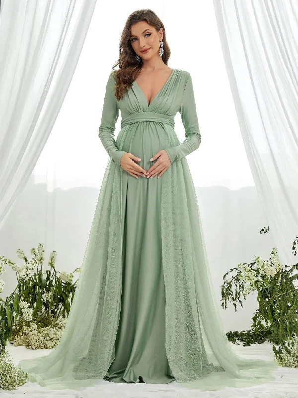 Maternity Plunging Neck Long Sleeve Contrast Mesh Formal Dress Elegant maxi dresses