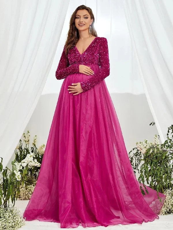 Maternity V Neck Long Sleeve Organza Hem Formal  Dress Cotton maxi dresses