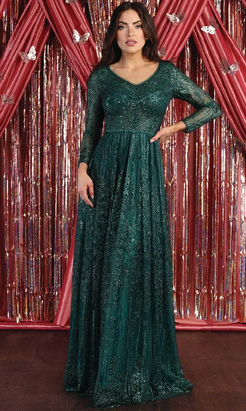 May Queen RQ7920 - Ornated Sheer Bodice Long Sleeve A Line Dress Stretchy maxi dresses