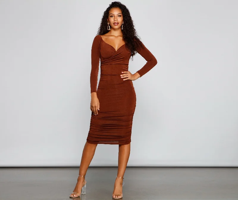 Melissa Long Sleeve Charming Ruched Midi Dress Fashion Nova midi dresses