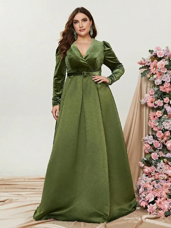 Plus V Neck Long Sleeve Belted Satin A Line Dress Lightweight maxi dresses for hot weather