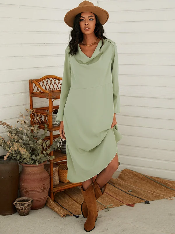 Pure Color Long Sleeve Design Casual Women Midi Dress Must-have midi dresses for this season