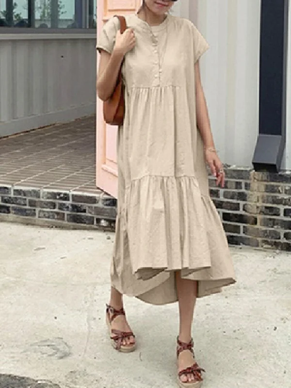 Pure Color Tiered Button Front Cap Sleeve Casual Midi Shirt Women Midi Dress Chic midi dresses