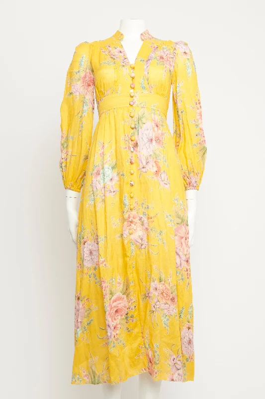 Yellow Linen Preowned Zinnia Floral Midi Dress Chiffon midi dresses