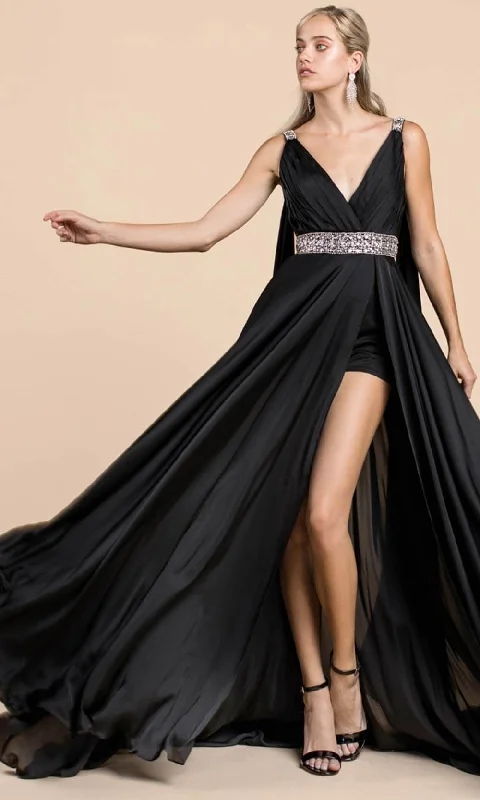 Ladivine A0065 - Caped with Satin High Slit Evening Dress Trendy party dresses under $50