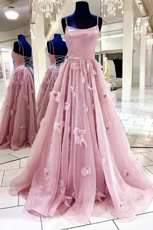 A Line Backless Pink Floral Long Prom Dress, Pink Floral Formal Graduation Evening Dress Best floral dresses for casual outings