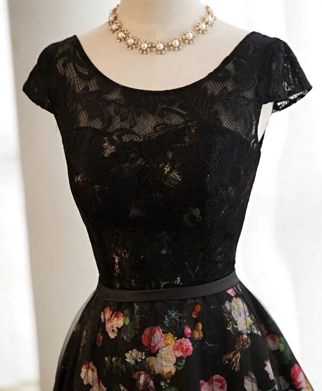 Black Lace Floral Patterns Long Prom Dress, Black Evening Dress Preppy floral dresses