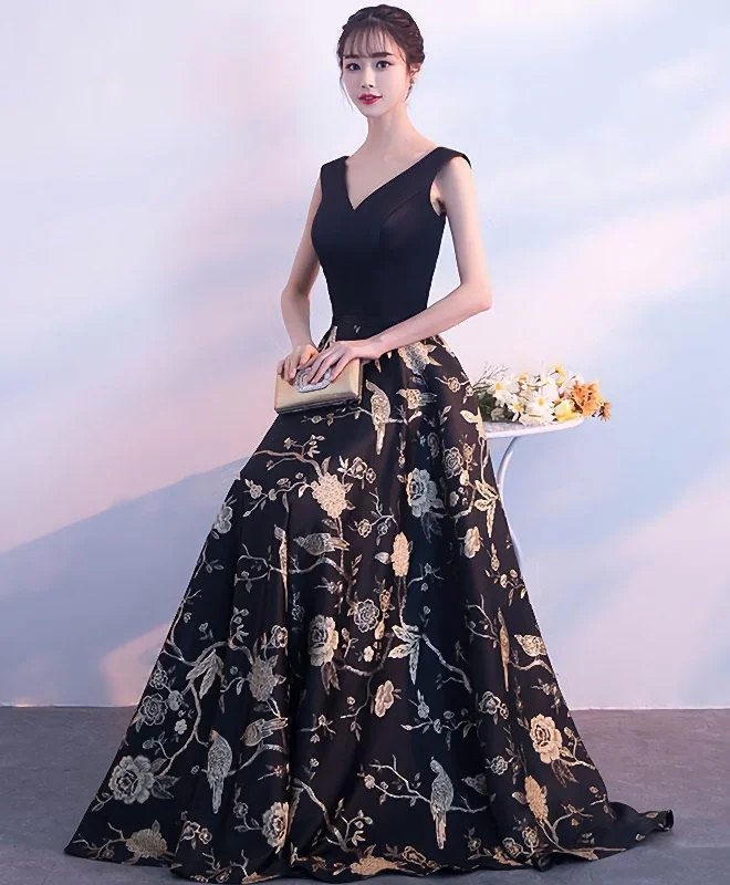 Black V Neck Floral Pattern Long Prom Dress, Evening Dress Elegant floral dresses