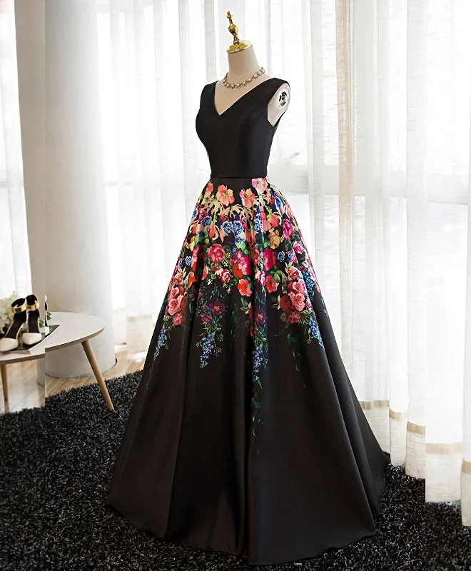 Black V Neck Floral Patterns Long Prom Dress, Black Evening Dress Lace floral dresses