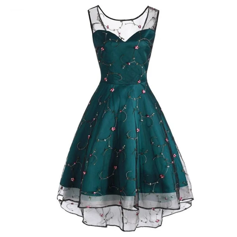 Floral Embroidered Mesh Sweetheart Party Dress Women Lace Up Back High Low Hem Fit and Flare Ladies Elegant Dresses Chiffon floral dresses