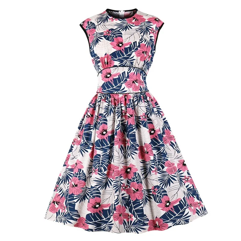 Floral Print Elegant High Waist Vintage Pinup Girls 50s Women O-Neck Sleeveless Pleated Cotton Dress Wedding guest floral dresses