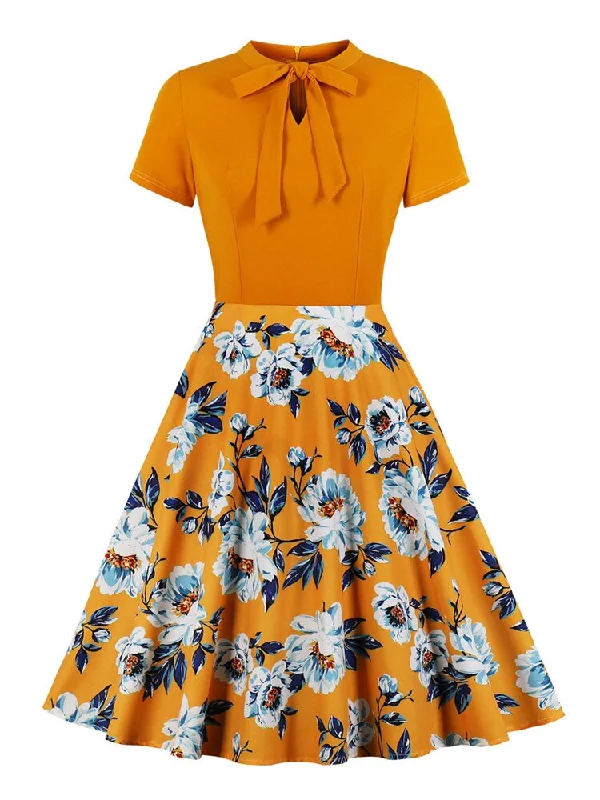 Orange and Floral Print Tie Neck Short Sleeve Summer Dress Women Elegant A Line Vintage Retro Swing Dresses Short floral dresses