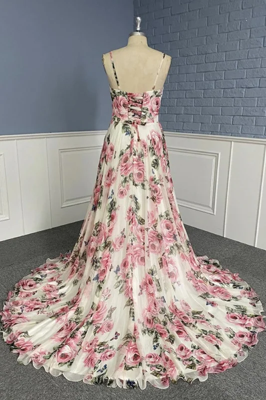 Stylish V Neck Backless Floral Pattern Long Prom Dress, V Neck Floral Pattern Formal Evening Dress Best floral dresses for hourglass body shape