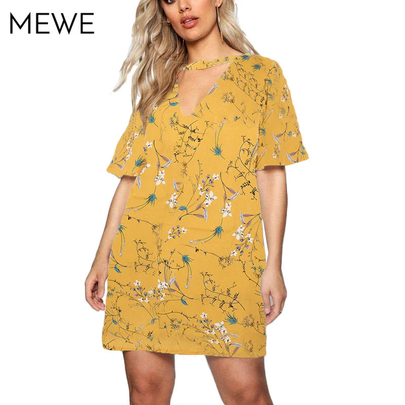 Summer Dresses in Large Sizes Yellow Dress 4xl 5xl Casual Floral Chiffon Shirt Dress 6xl 7xl V-neck Short Dresses Plus Size 8xl A-line floral dresses