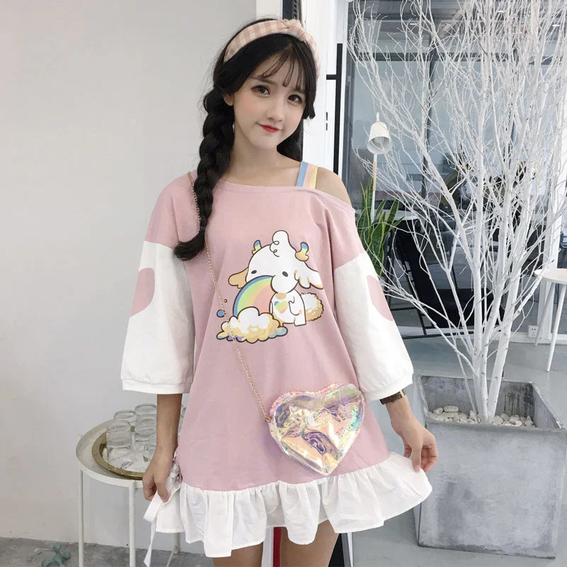 Summer Japanese Female's Fresh Cute Fashion Dresses Lolita Anime Heart Printing Kawaii Women Dress Off Shoulder Rainbow Dress Chic floral dresses