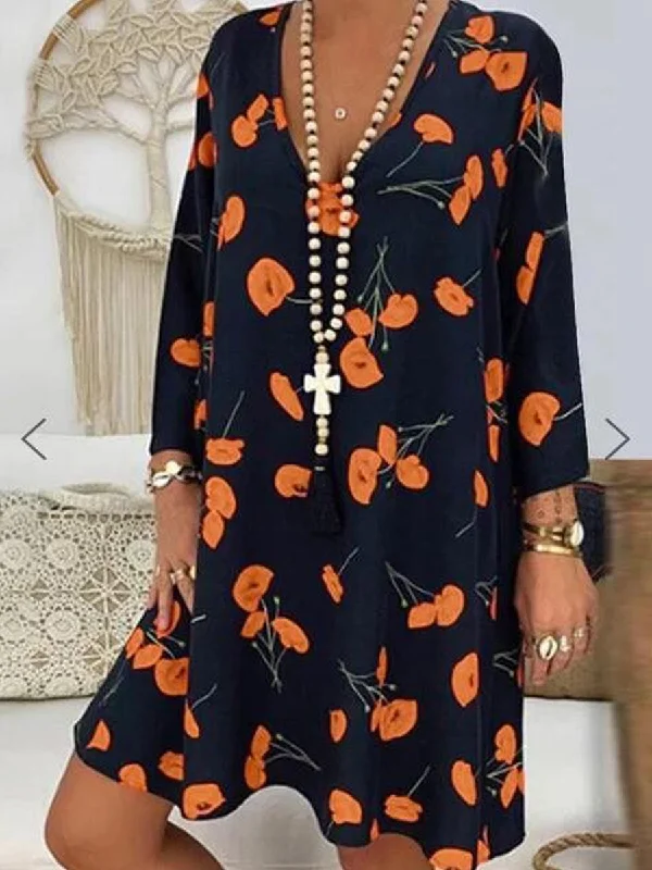 V-neck Loose Print Long Sleeve Dress Women Must-have floral dresses for this season