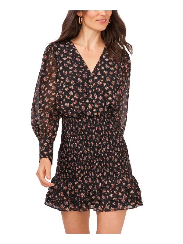 Womens Floral Smocked Mini Dress Mini Skirt Party