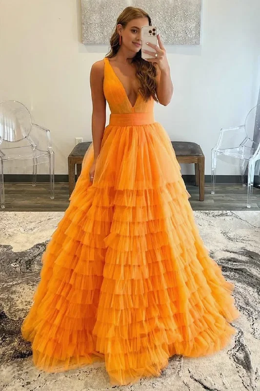 A-line Orange V-Neck Tulle Long Prom Dress Satin Maxi Skirt