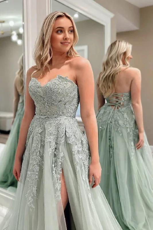 A-Line Sweetheart Sage Green Tulle Lace Long Prom Dresses Flowing Boho Skirt