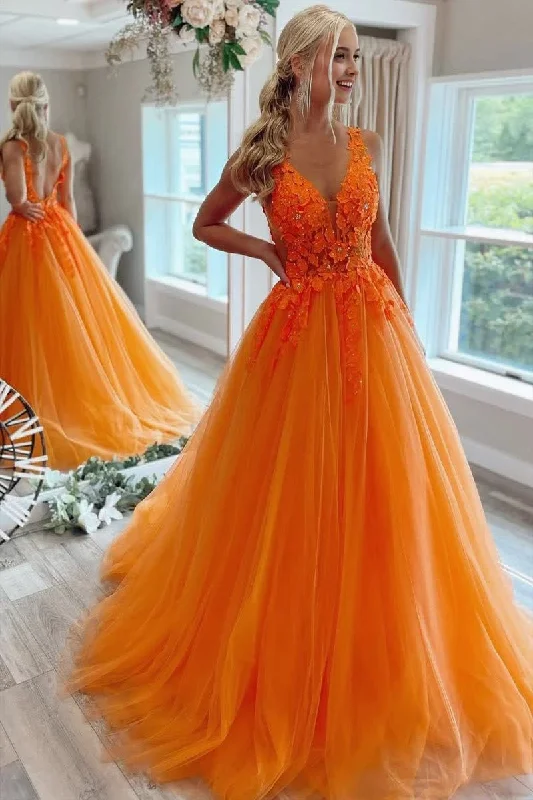 A-Line V-Neck Long Tulle Prom Dress with Appliques Embellished Maxi Skirt