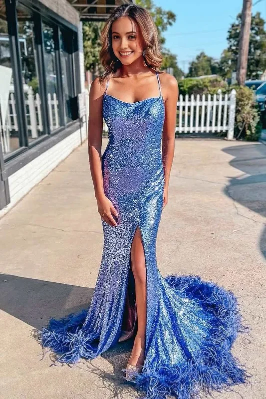 Blue Sequin Feather Lace-Up Back Mermaid Long Prom Dress with Slit Floral Maxi Skirt