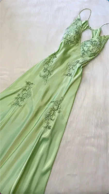 Beautiful A Line Spaghetti Straps Green Long Prom Dresses Backless Satin Evening Gowns Summer Floral Maxi