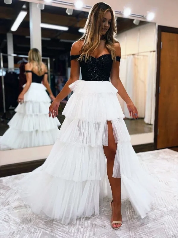 Black And White A-Line Strapless Tiered Long Prom Dress Satin Maxi Skirt