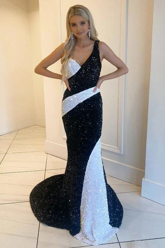 Black and White Sequin One-Shoulder Mermaid Long Prom Gowm Flowing Maxi Skirt