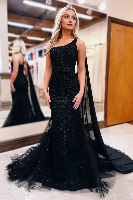 Black One Shoulder Appliques Mermaid Long Prom Dresses Lace Maxi Skirt