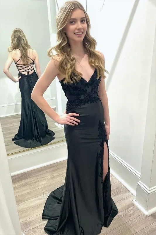 Black V Neck Satin Mermaid Long Prom Dresses with Slit Stylish Maxi Skirt