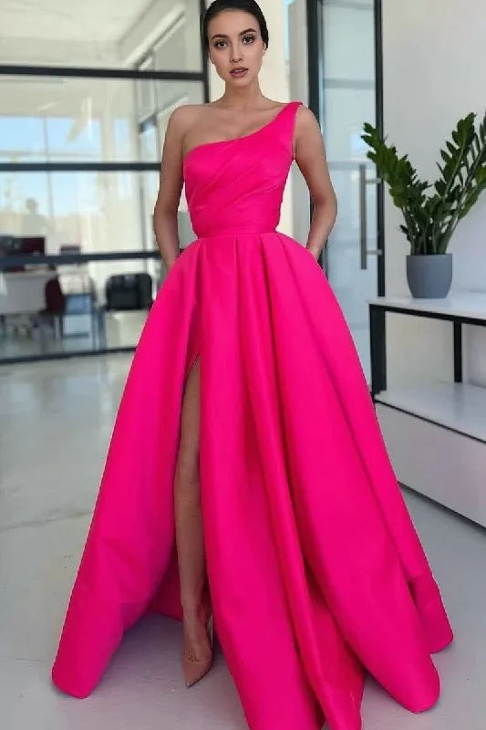 Charming A Line One Shoulder Fuchsia Sequins Long Prom Dresses with Slit Comfortable Maxi Look