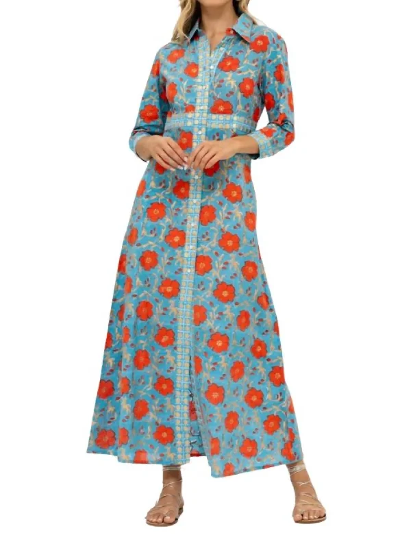 Collared Shirt Maxi Dress In Poppy Red Floral A-line Skirt