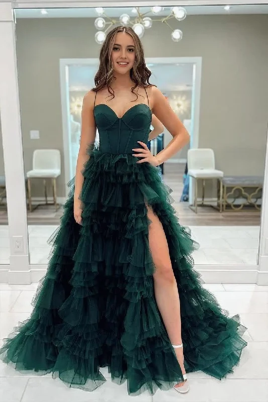 Dark Green Sweetheart Ruffle Tiered Tulle Long Prom Dresses with Slit Silk Maxi Skirt