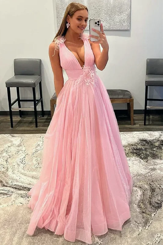 Feathers Backlesss Pink Plunging V-Neck Tulle Long Formal Dress Flowy Maxi Skirt