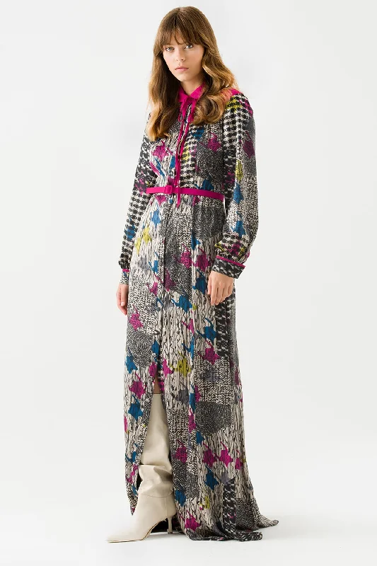 Fuchsia Shawl Patterned Front Button Maxi Dress Soft Ruffled Maxi